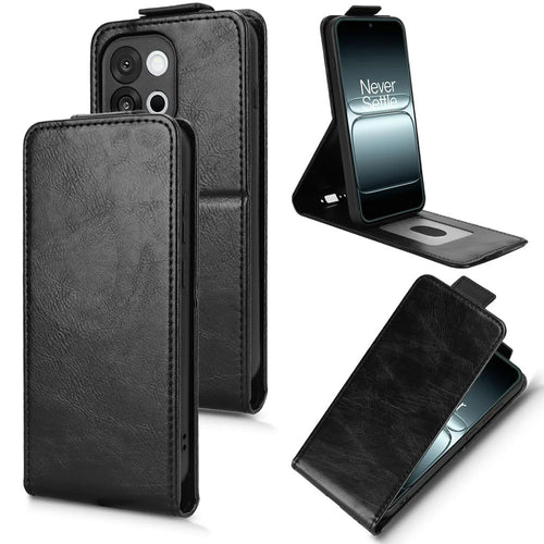 For OnePlus 13T 5G Stand Case Magnetic Clasp Vertical Flip Leather Phone Cover with Card Holder - Black - 1