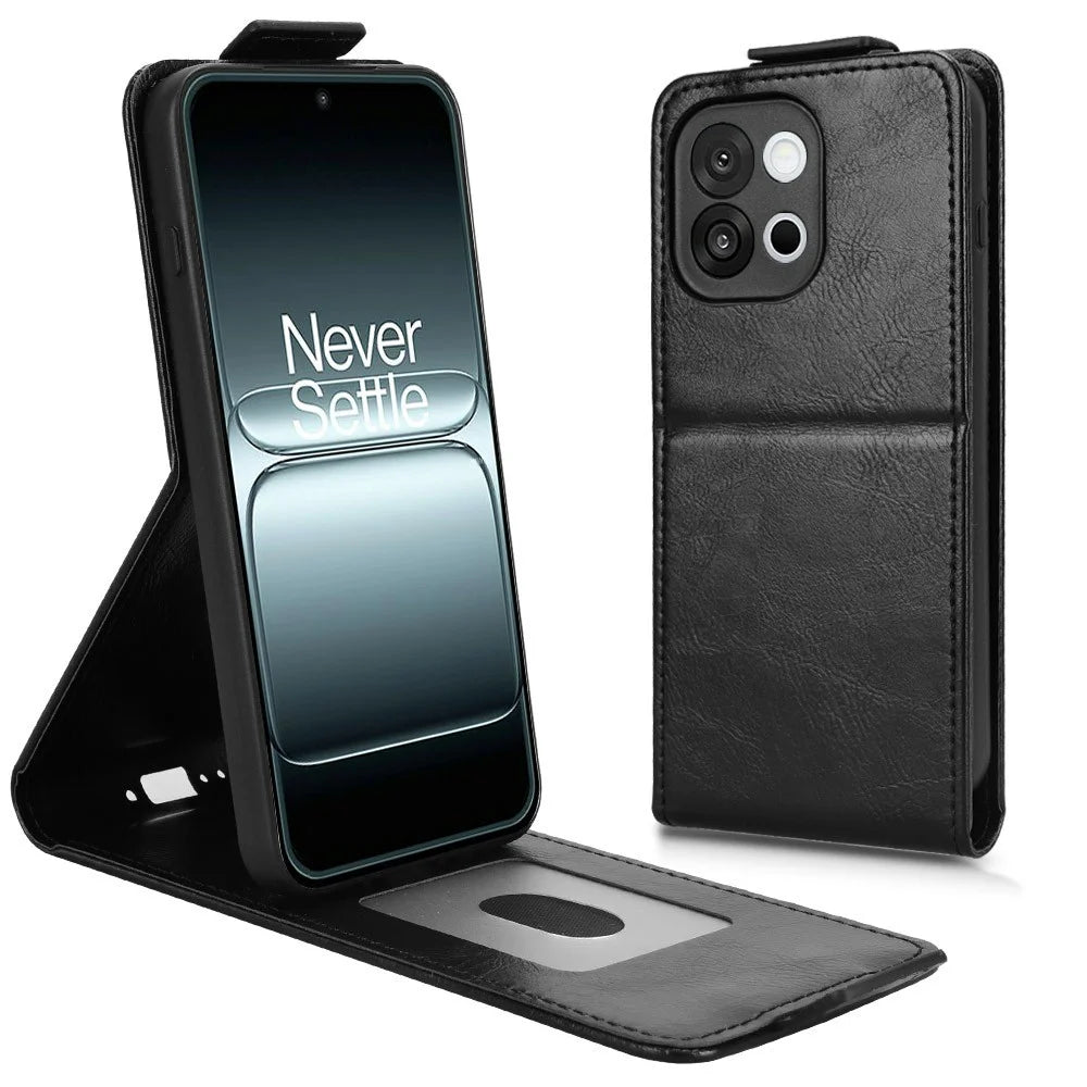 For OnePlus 13T 5G Stand Case Magnetic Clasp Vertical Flip Leather Phone Cover with Card Holder - Black - 2