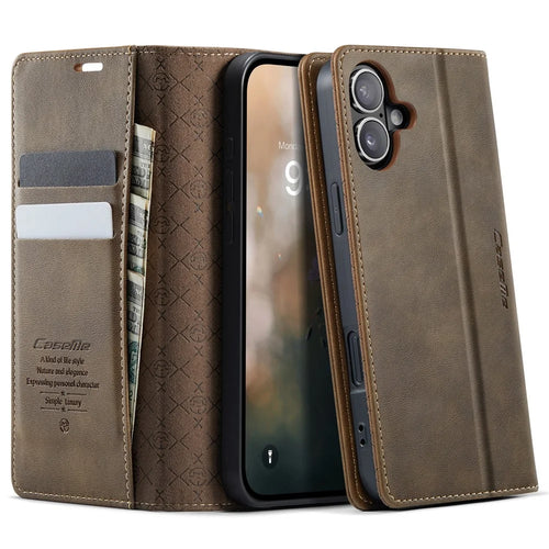 CASEME 033 Series For iPhone 16 Case RFID Blocking Wallet Stand Calf Texture Leather Phone Cover - Coffee - 1