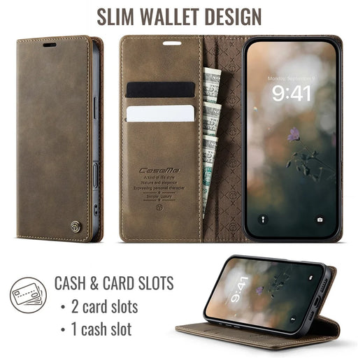 CASEME 033 Series For iPhone 16 Case RFID Blocking Wallet Stand Calf Texture Leather Phone Cover - Coffee - 2