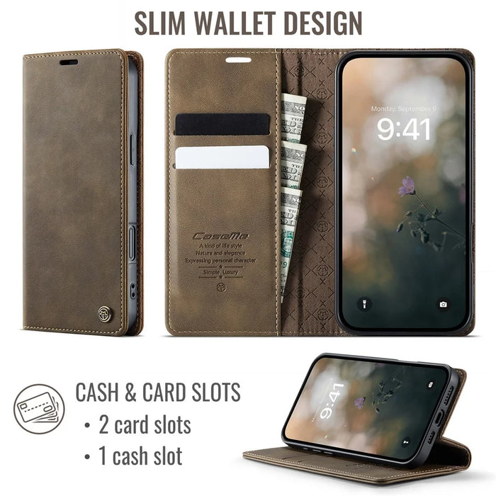 CASEME 033 Series For iPhone 16 Case RFID Blocking Wallet Stand Calf Texture Leather Phone Cover - Coffee - 2