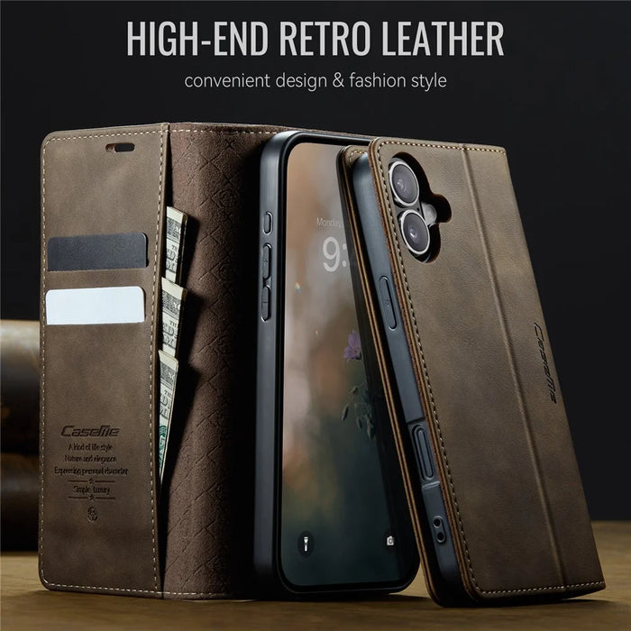 CASEME 033 Series For iPhone 16 Case RFID Blocking Wallet Stand Calf Texture Leather Phone Cover - Coffee - 4