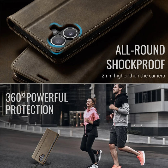 CASEME 033 Series For iPhone 16 Case RFID Blocking Wallet Stand Calf Texture Leather Phone Cover - Coffee - 6