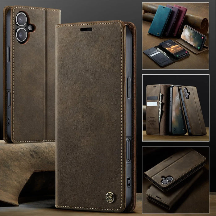 CASEME 033 Series For iPhone 16 Case RFID Blocking Wallet Stand Calf Texture Leather Phone Cover - Coffee - 7