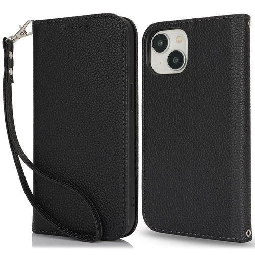 Stand Case for iPhone 14 / 13 Litchi Texture Leather Flip Phone Cover with Strap  /  Wallet - Black - 1