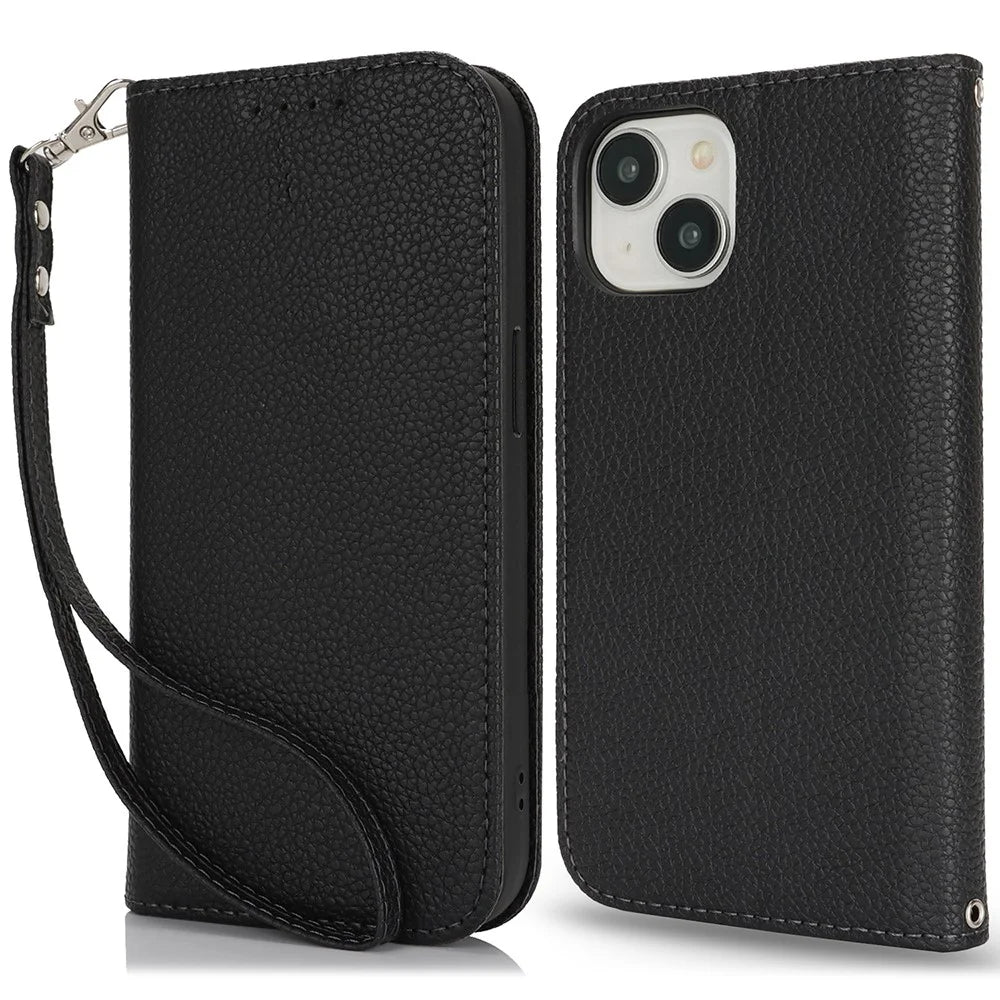 Stand Case for iPhone 14 / 13 Litchi Texture Leather Flip Phone Cover with Strap  /  Wallet - Black - 1