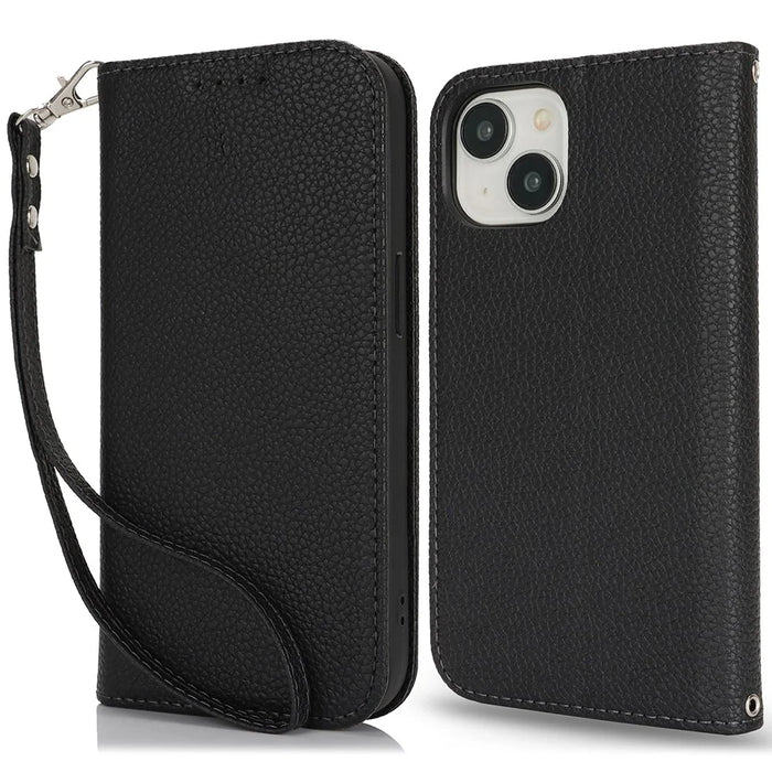 Stand Case for iPhone 14 / 13 Litchi Texture Leather Flip Phone Cover with Strap  /  Wallet - Black - 1