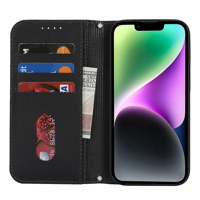 Stand Case for iPhone 14 / 13 Litchi Texture Leather Flip Phone Cover with Strap  /  Wallet - Black - 2