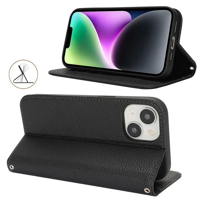 Stand Case for iPhone 14 / 13 Litchi Texture Leather Flip Phone Cover with Strap  /  Wallet - Black - 3