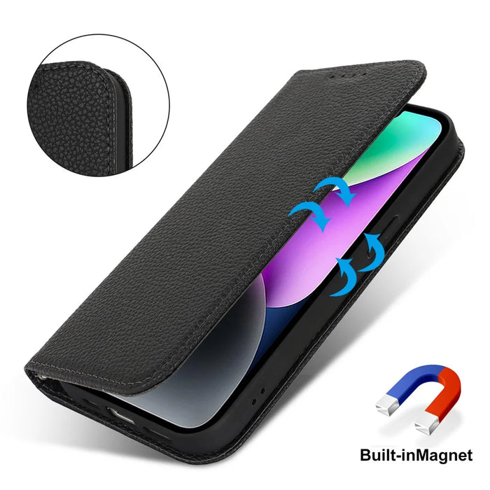 Stand Case for iPhone 14 / 13 Litchi Texture Leather Flip Phone Cover with Strap  /  Wallet - Black - 4
