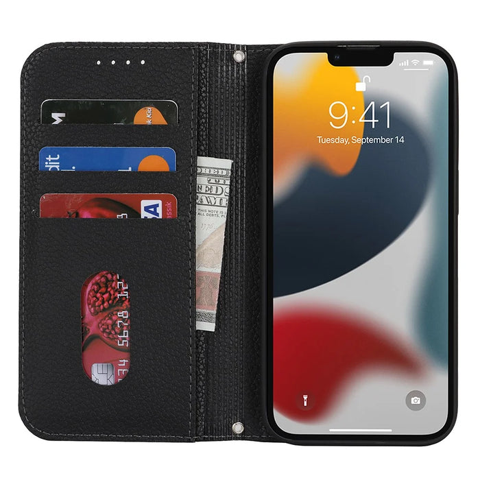 Stand Case for iPhone 13 Pro Max / 12 Pro Max Litchi Texture Leather Flip Phone Cover with Strap  /  Wallet - Black - 2