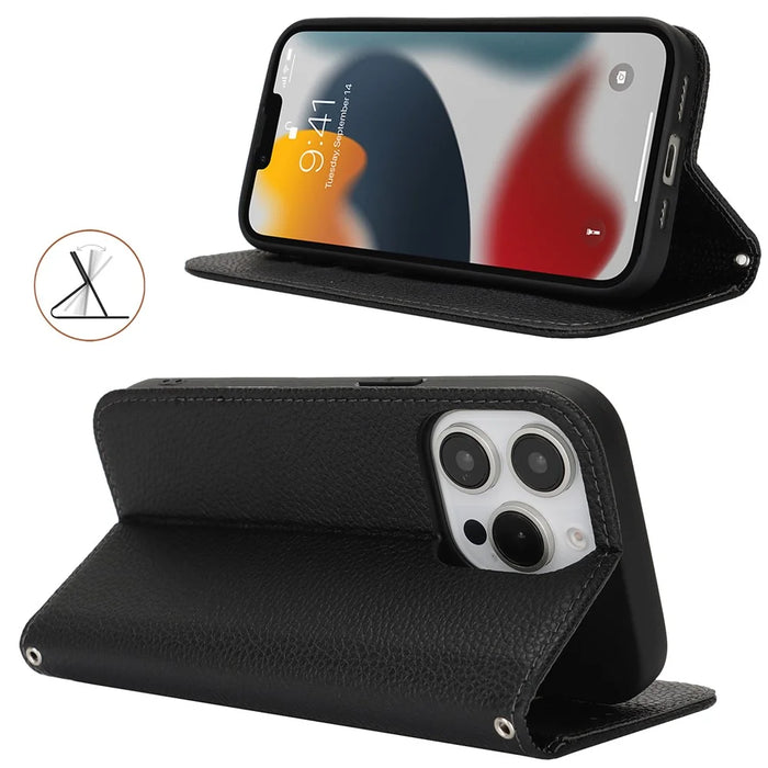 Stand Case for iPhone 13 Pro Max / 12 Pro Max Litchi Texture Leather Flip Phone Cover with Strap  /  Wallet - Black - 3