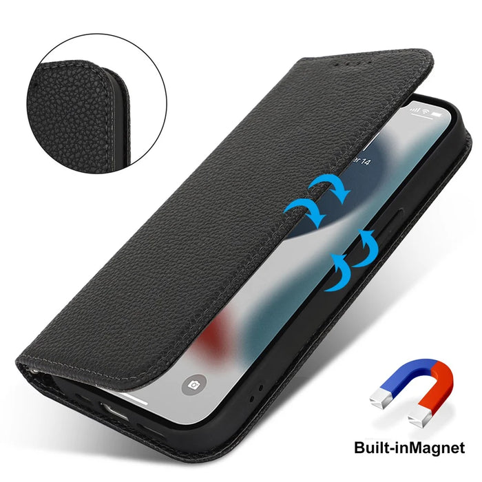 Stand Case for iPhone 13 Pro Max / 12 Pro Max Litchi Texture Leather Flip Phone Cover with Strap  /  Wallet - Black - 4