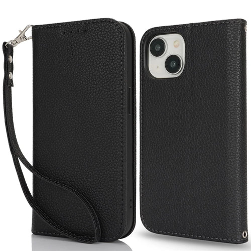 Stand Case for iPhone 15 Plus / 14 Plus Litchi Texture Leather Flip Phone Cover with Strap  /  Wallet - Black - 1