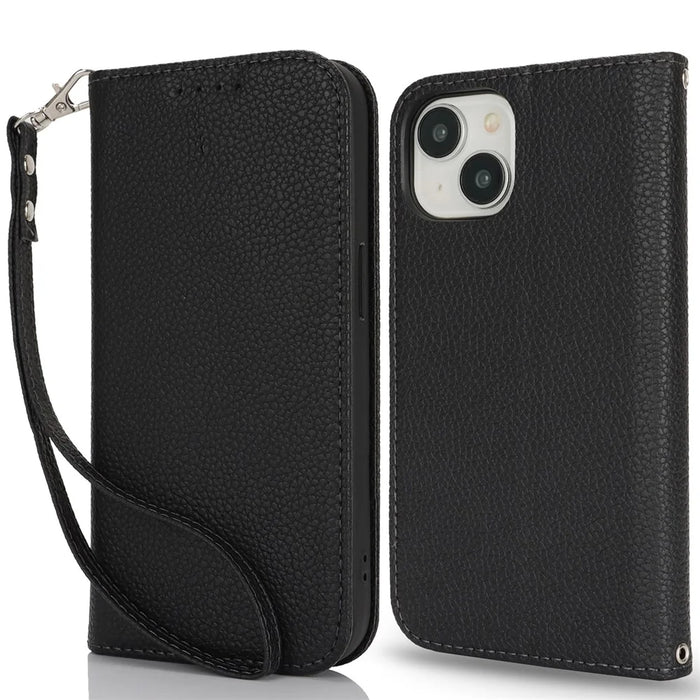 Stand Case for iPhone 15 Plus / 14 Plus Litchi Texture Leather Flip Phone Cover with Strap  /  Wallet - Black - 1