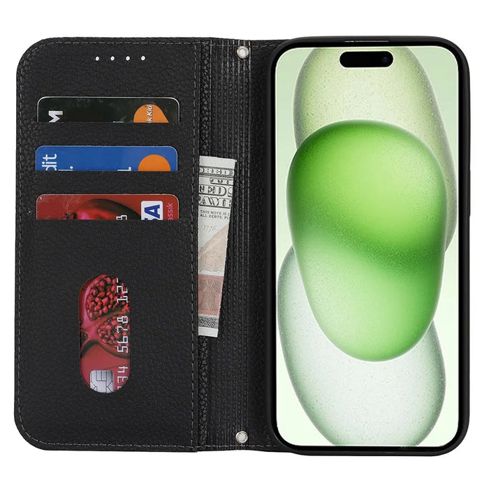 Stand Case for iPhone 15 Plus / 14 Plus Litchi Texture Leather Flip Phone Cover with Strap  /  Wallet - Black - 2