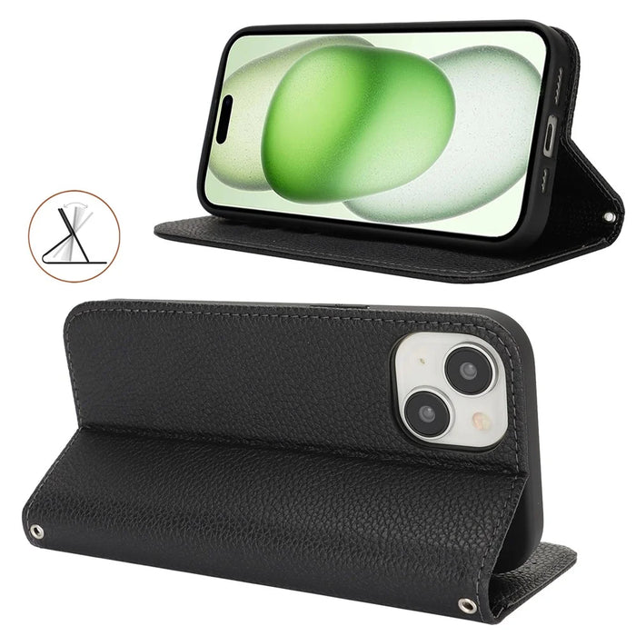 Stand Case for iPhone 15 Plus / 14 Plus Litchi Texture Leather Flip Phone Cover with Strap  /  Wallet - Black - 3