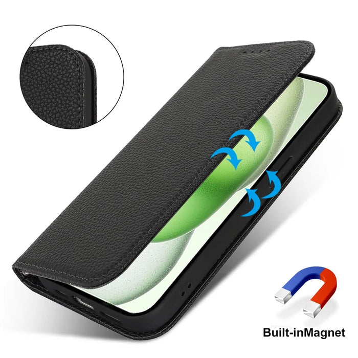 Stand Case for iPhone 15 Plus / 14 Plus Litchi Texture Leather Flip Phone Cover with Strap  /  Wallet - Black - 4