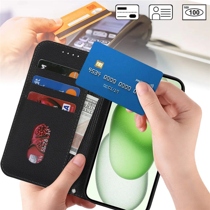 Stand Case for iPhone 15 Plus / 14 Plus Litchi Texture Leather Flip Phone Cover with Strap  /  Wallet - Black - 5