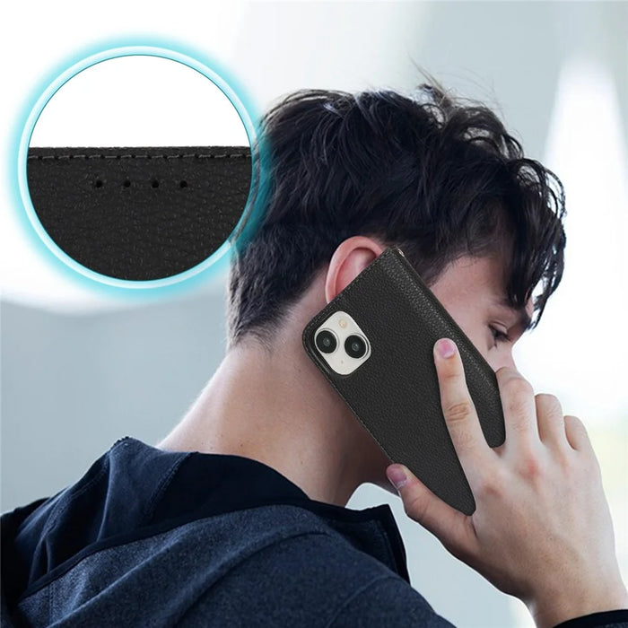 Stand Case for iPhone 15 Plus / 14 Plus Litchi Texture Leather Flip Phone Cover with Strap  /  Wallet - Black - 6