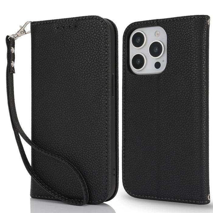 Stand Case for iPhone 14 Pro Max Litchi Texture Leather Flip Phone Cover with Strap  /  Wallet - Black - 1