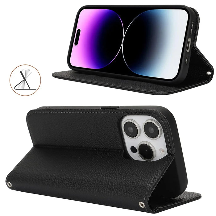 Stand Case for iPhone 14 Pro Max Litchi Texture Leather Flip Phone Cover with Strap  /  Wallet - Black - 3