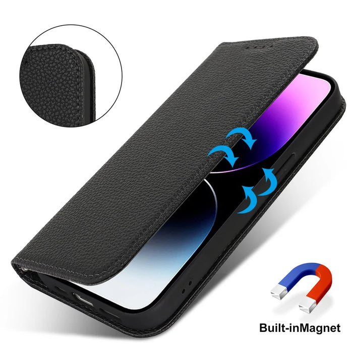 Stand Case for iPhone 14 Pro Max Litchi Texture Leather Flip Phone Cover with Strap  /  Wallet - Black - 4