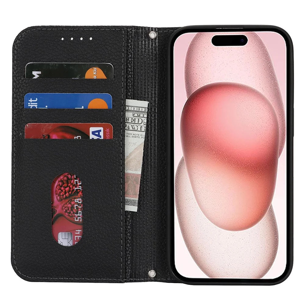 Stand Case for iPhone 15 Litchi Texture Leather Flip Phone Cover with Strap  /  Wallet - Black - 2