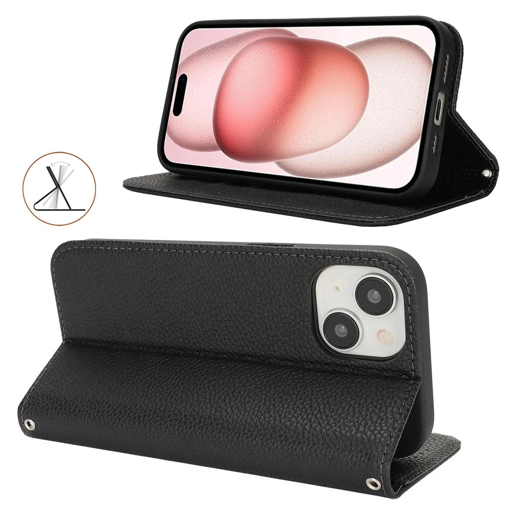 Stand Case for iPhone 15 Litchi Texture Leather Flip Phone Cover with Strap  /  Wallet - Black - 3
