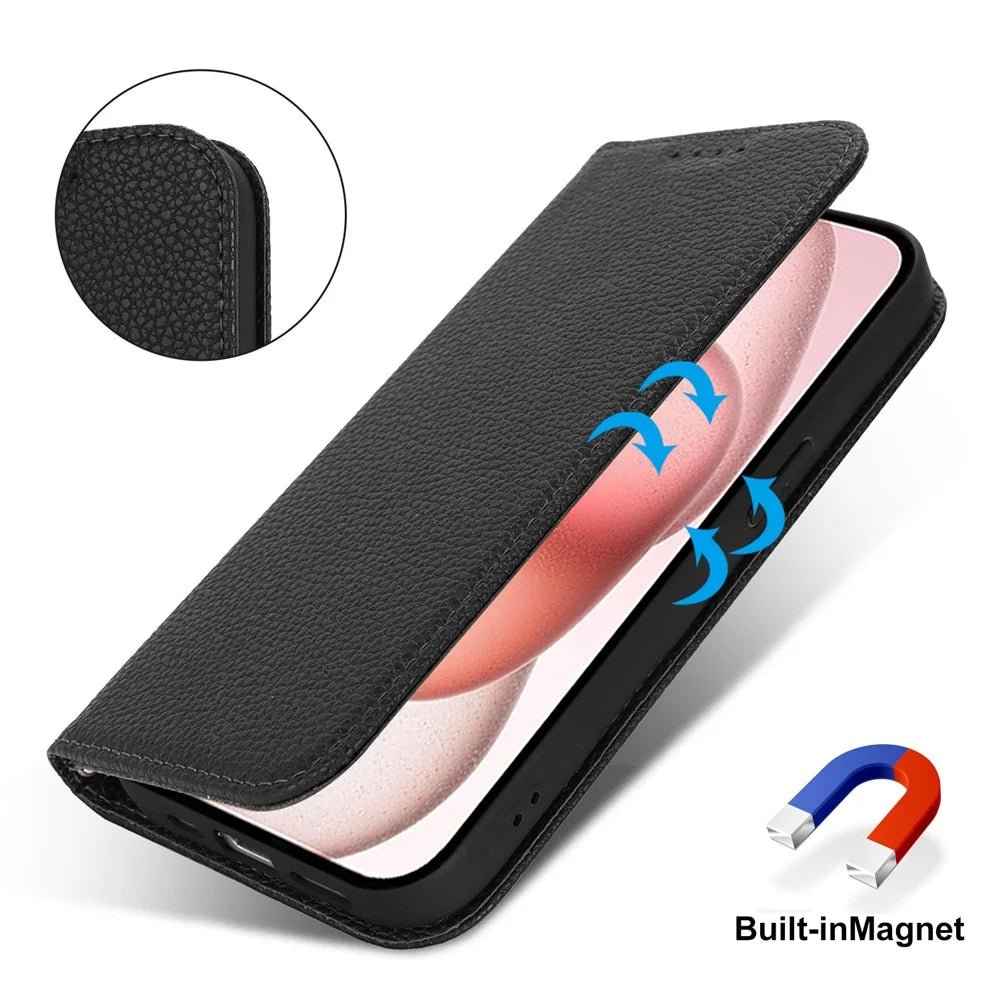 Stand Case for iPhone 15 Litchi Texture Leather Flip Phone Cover with Strap  /  Wallet - Black - 4