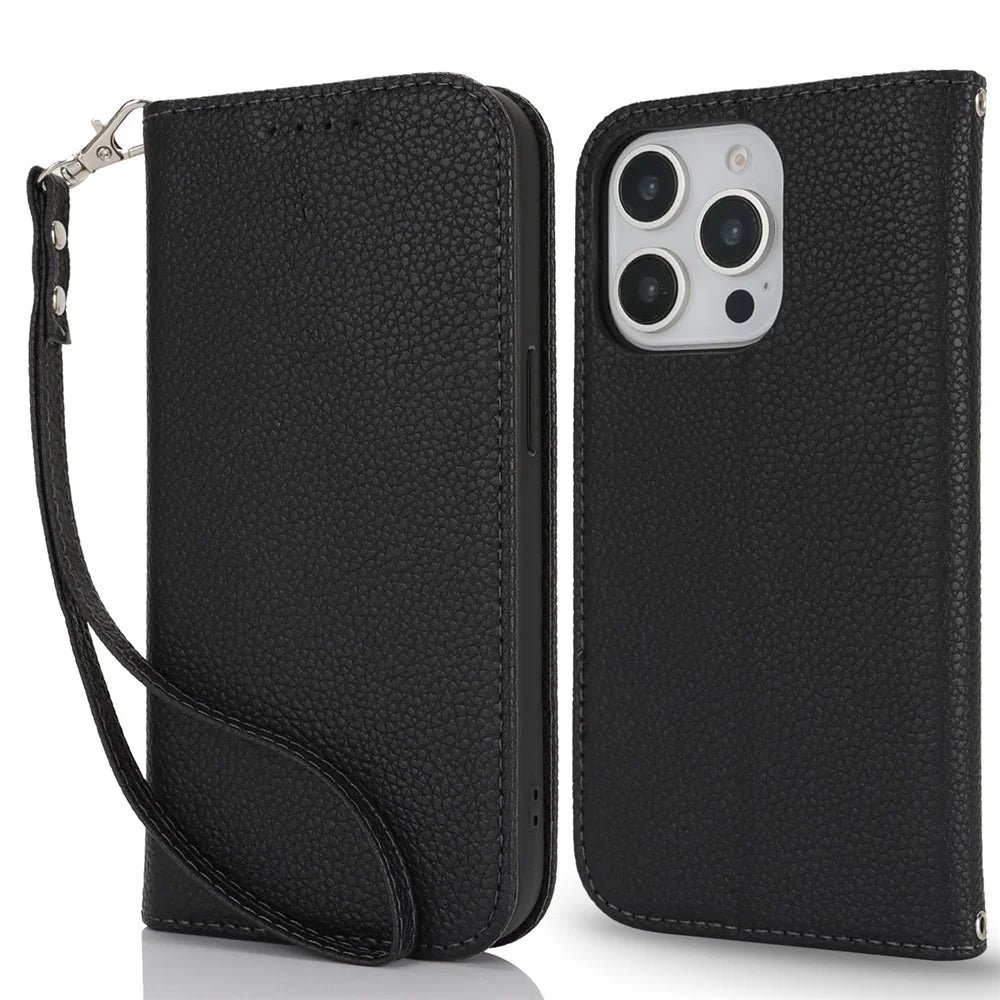 Stand Case for iPhone 15 Pro Max Litchi Texture Leather Flip Phone Cover with Strap  /  Wallet - Black - 1