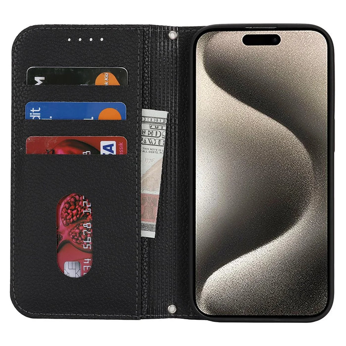 Stand Case for iPhone 15 Pro Max Litchi Texture Leather Flip Phone Cover with Strap  /  Wallet - Black - 2