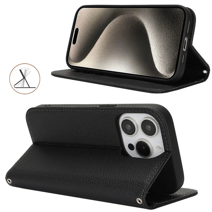 Stand Case for iPhone 15 Pro Max Litchi Texture Leather Flip Phone Cover with Strap  /  Wallet - Black - 3