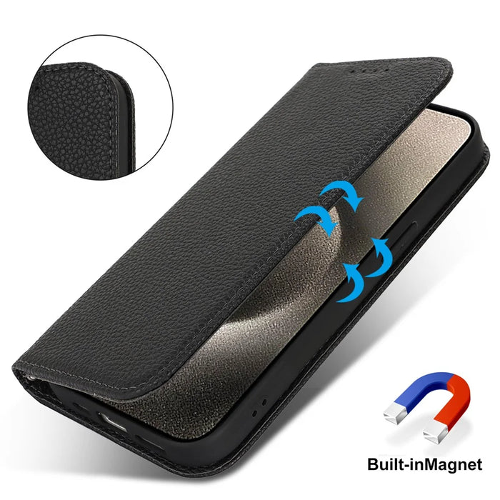 Stand Case for iPhone 15 Pro Max Litchi Texture Leather Flip Phone Cover with Strap  /  Wallet - Black - 4