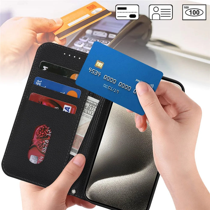 Stand Case for iPhone 15 Pro Max Litchi Texture Leather Flip Phone Cover with Strap  /  Wallet - Black - 5