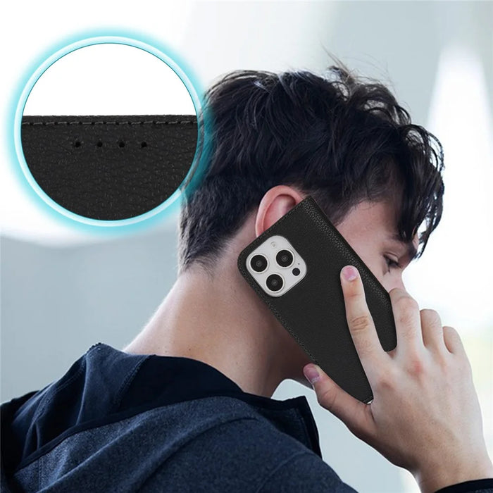 Stand Case for iPhone 15 Pro Max Litchi Texture Leather Flip Phone Cover with Strap  /  Wallet - Black - 6