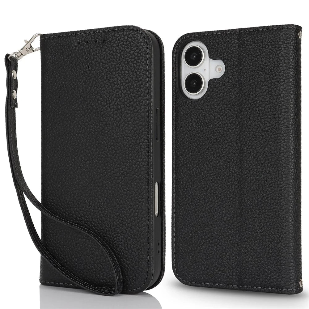 Stand Case for iPhone 16 Litchi Texture Leather Flip Phone Cover with Strap  /  Wallet - Black - 1