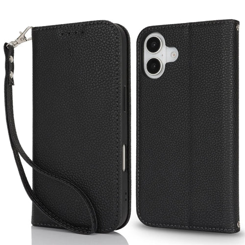 Stand Case for iPhone 16 Litchi Texture Leather Flip Phone Cover with Strap  /  Wallet - Black - 1