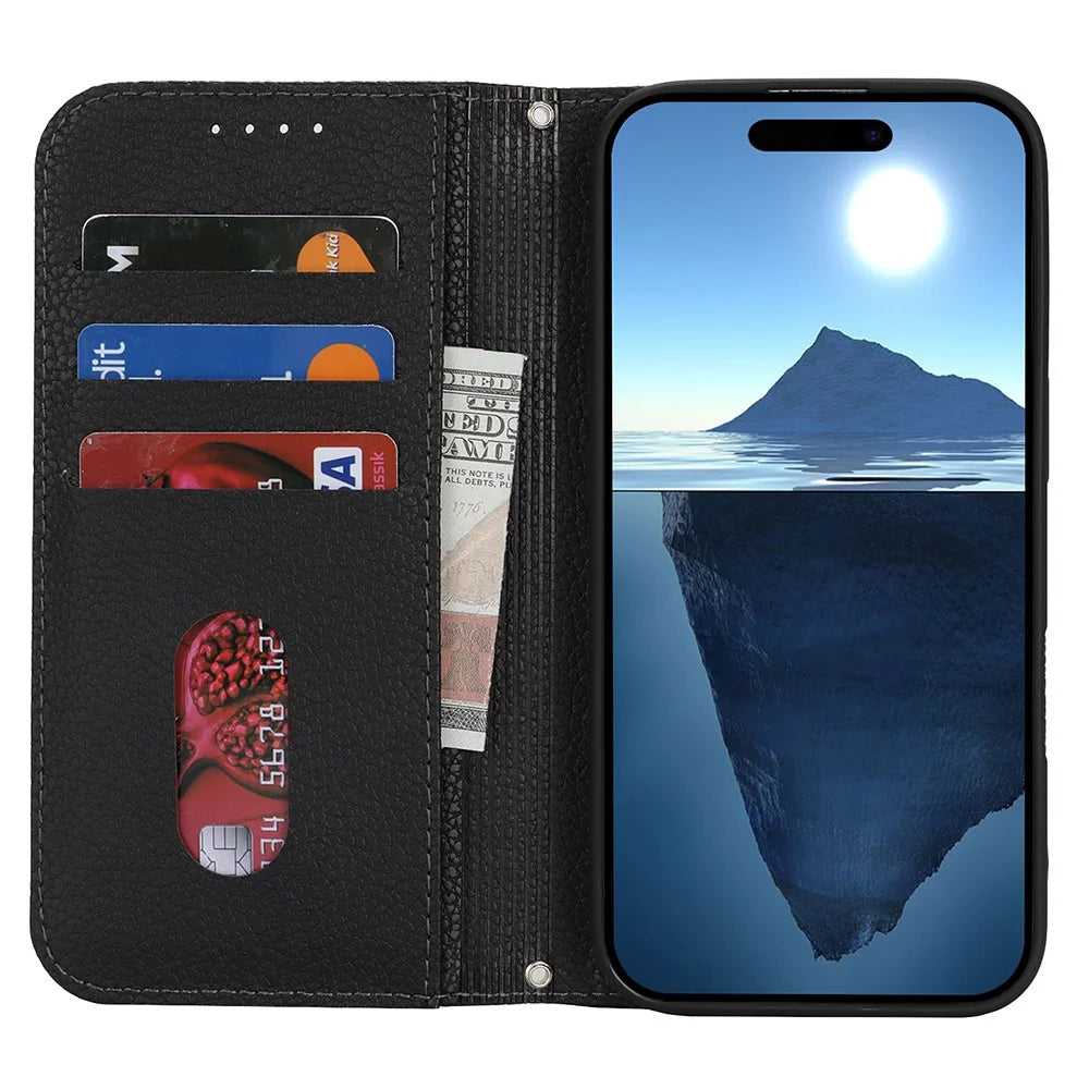 Stand Case for iPhone 16 Litchi Texture Leather Flip Phone Cover with Strap  /  Wallet - Black - 2