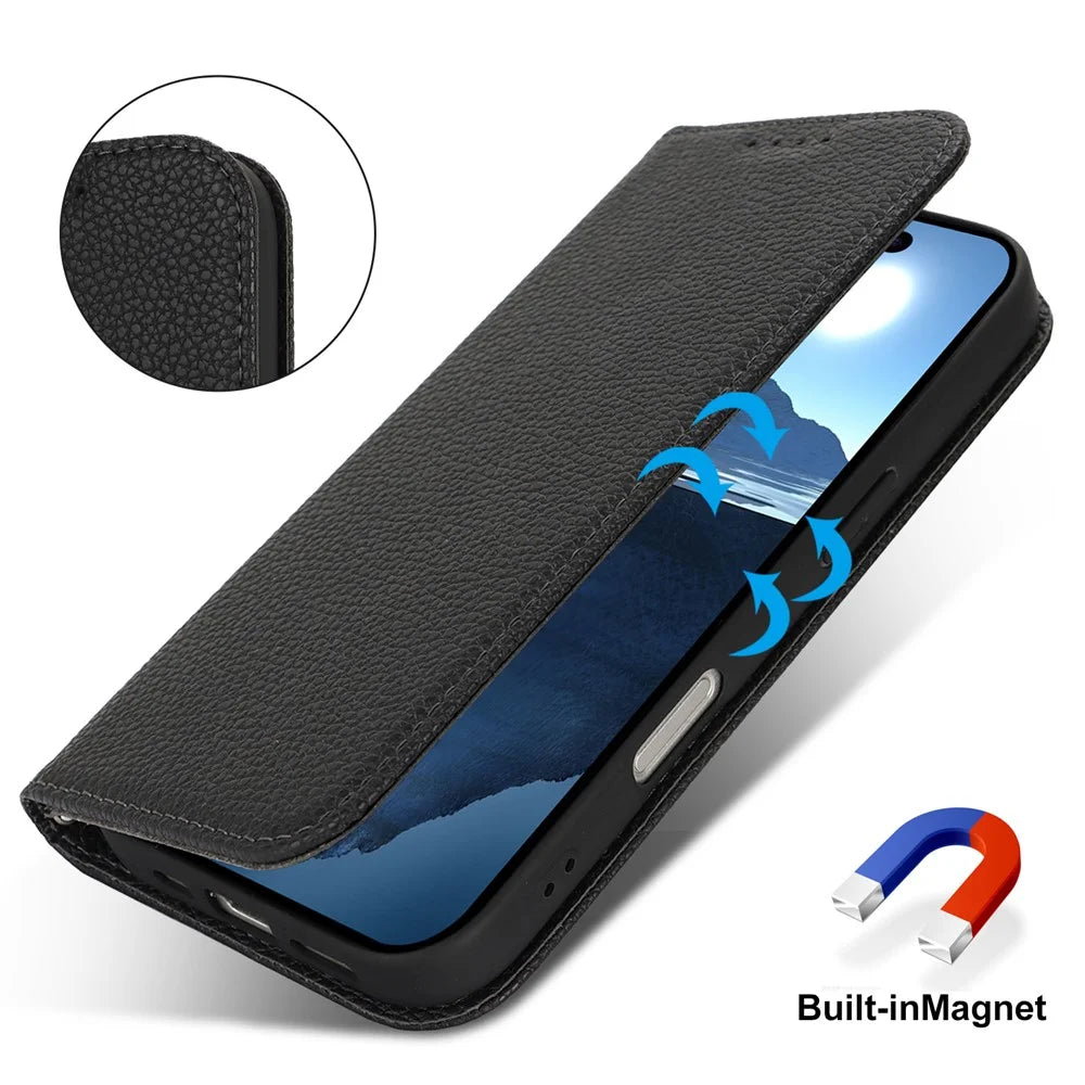 Stand Case for iPhone 16 Litchi Texture Leather Flip Phone Cover with Strap  /  Wallet - Black - 4