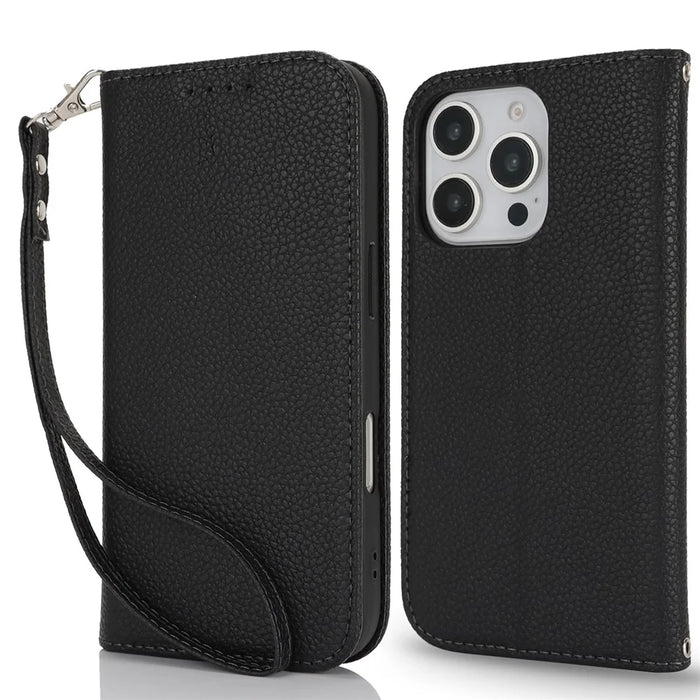 Stand Case for iPhone 16 Pro Litchi Texture Leather Flip Phone Cover with Strap  /  Wallet - Black - 1