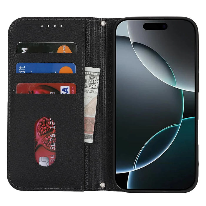 Stand Case for iPhone 16 Pro Litchi Texture Leather Flip Phone Cover with Strap  /  Wallet - Black - 2