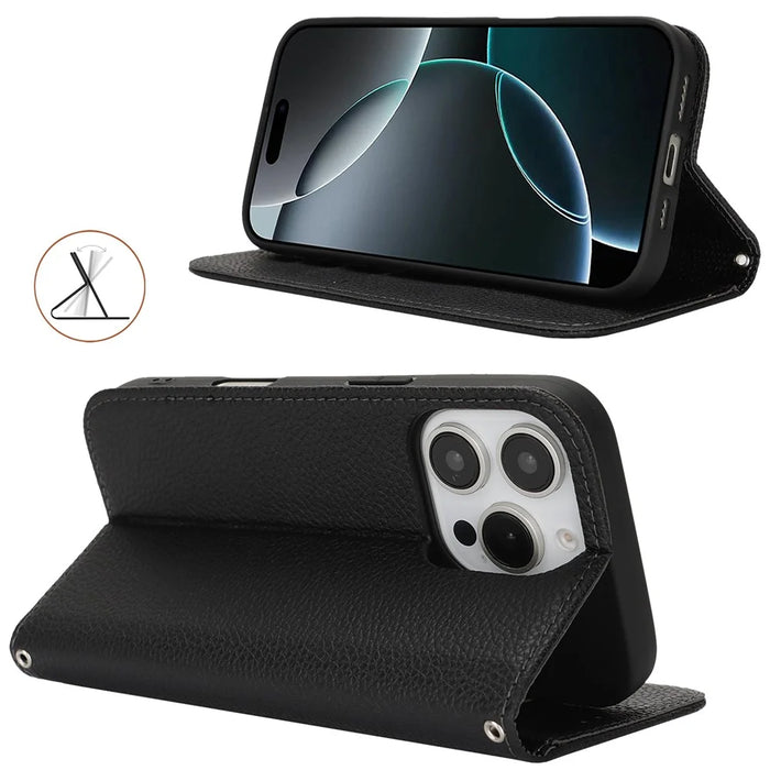 Stand Case for iPhone 16 Pro Litchi Texture Leather Flip Phone Cover with Strap  /  Wallet - Black - 3