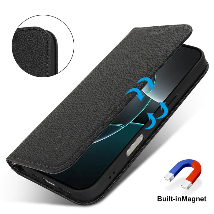 Stand Case for iPhone 16 Pro Litchi Texture Leather Flip Phone Cover with Strap  /  Wallet - Black - 4
