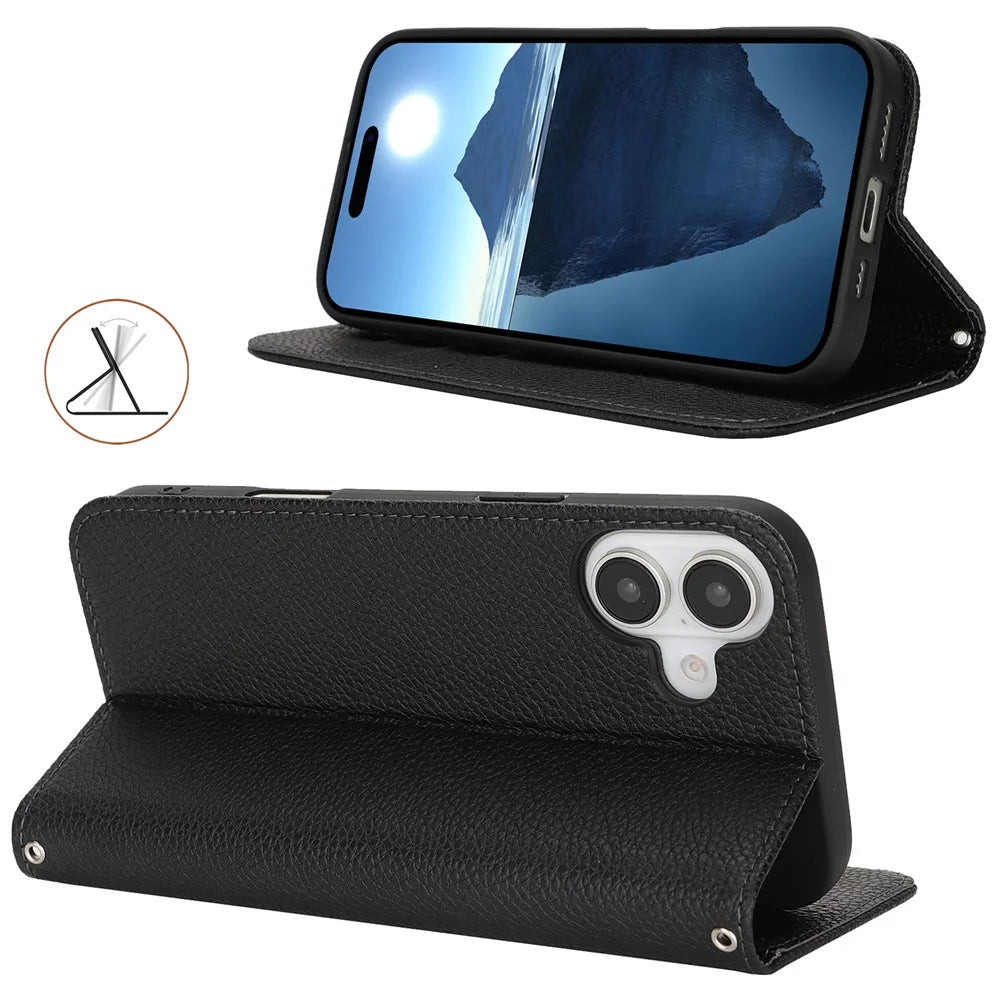 Stand Case for iPhone 16 Plus Litchi Texture Leather Flip Phone Cover with Strap  /  Wallet - Black - 3