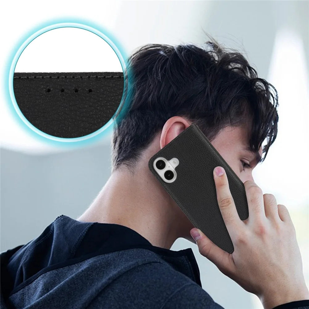 Stand Case for iPhone 16 Plus Litchi Texture Leather Flip Phone Cover with Strap  /  Wallet - Black - 6
