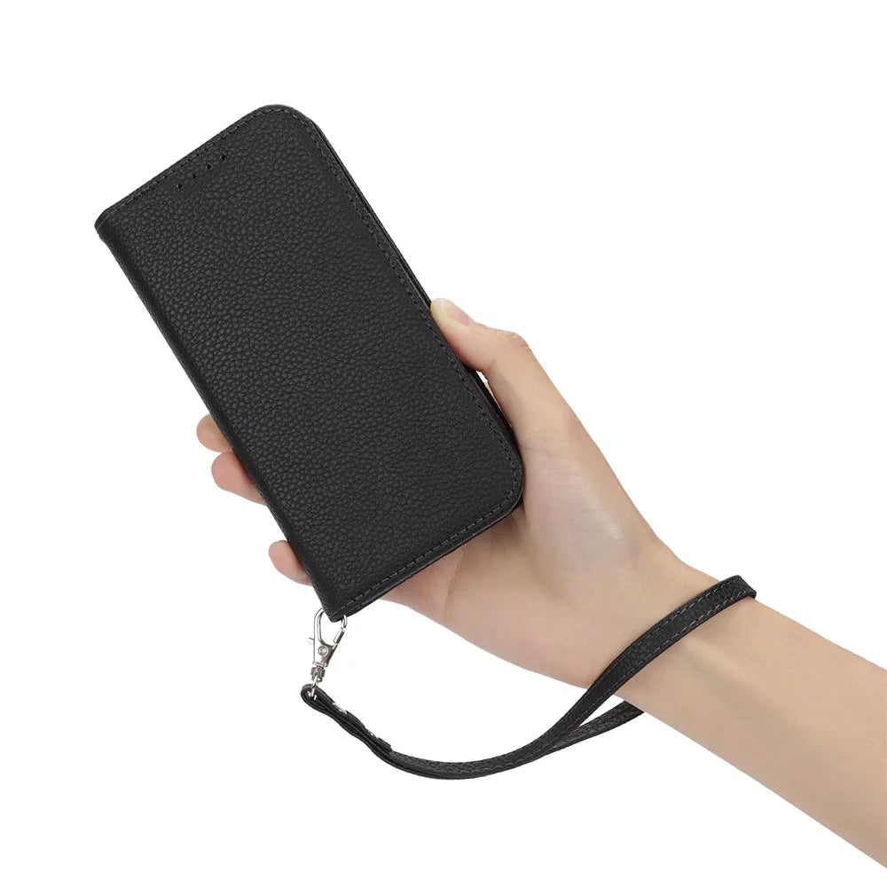 Stand Case for iPhone 16 Plus Litchi Texture Leather Flip Phone Cover with Strap  /  Wallet - Black - 7