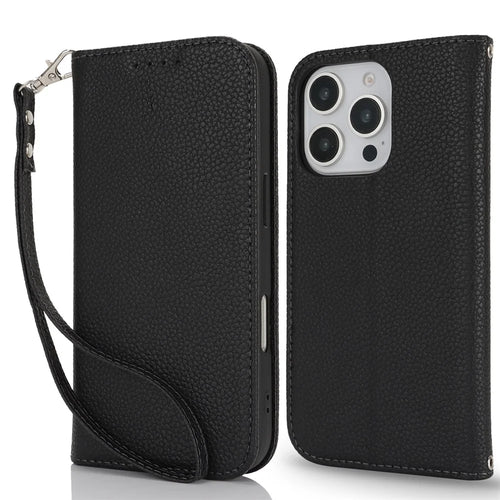 Stand Case for iPhone 16 Pro Max Litchi Texture Leather Flip Phone Cover with Strap  /  Wallet - Black - 1