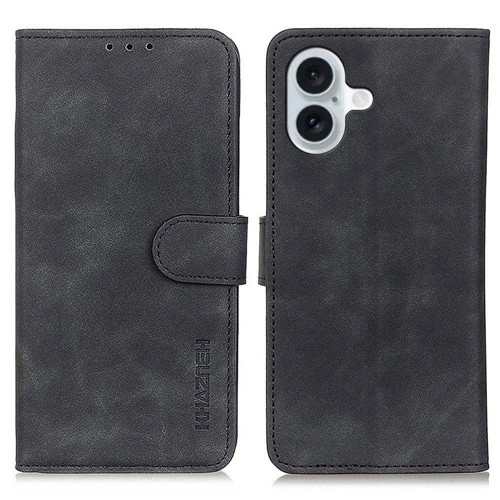 KHAZNEH For iPhone 17 Case PU Leather Retro Texture Phone Cover - Black - 1