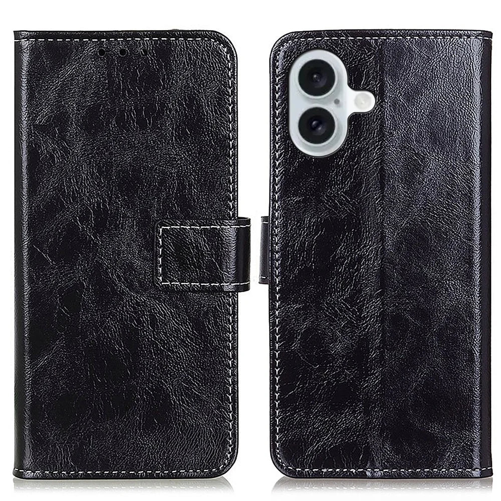 For iPhone 17 Case Wallet Leather Phone Cover Crazy Horse Texture - Black - 1